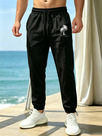 Ironwick Men's Drawstring Waist Coconut Tree Pattern Casual Daily Travel Sports Long Pants