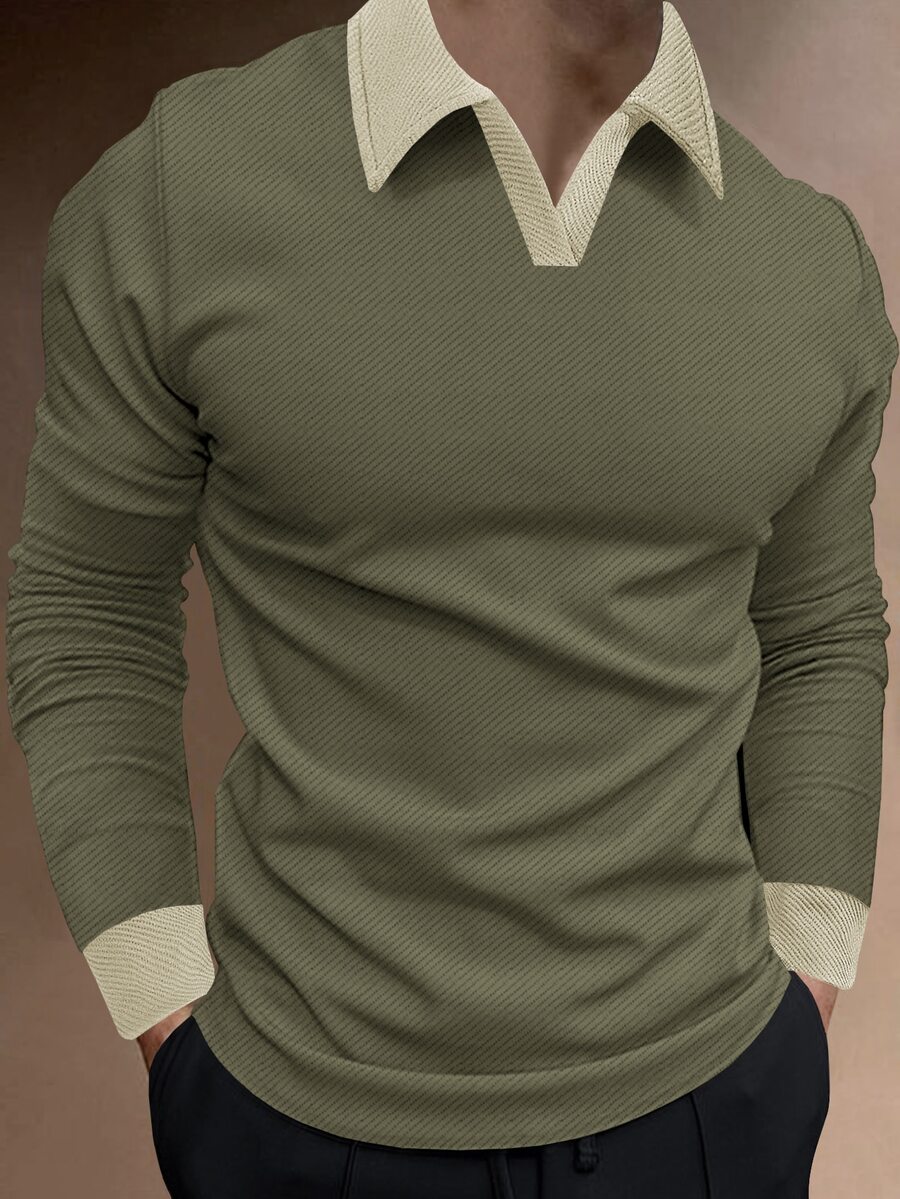 Manfinity Homme 男士拼色領長袖 Polo 衫,休閒外出款,適合丈夫,秋季,正式場合 - 綠色 - 查看 1