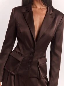SHEIN BAE Women's Autumn/Winter Loose Casual Commute Dark Gray Striped Blazer Long Sleeve Jacket, Daily Commute Outfit, Social Event Outfit - Rust Brown - View 6