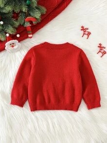 SHEIN 男女嬰兒/幼兒秋冬可愛聖誕老人圖案針織毛衣，嬰兒聖誕毛衣 - 紅色 - 查看 2