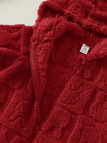 新生兒男嬰中性嬰兒服飾 秋冬冬季可愛休閒毛絨卡通圖案連帽連身衣 藍色連身衣 嬰兒連身衣 - 紅色 - 查看 8
