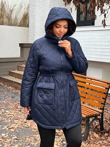 Solflare 2025秋冬新款黑色休閒連帽絎縫夾克，保暖可調抽繩收腰長袖中長版寬鬆大尺碼厚外套，適合登山 - 藏蓝色 - 查看 5