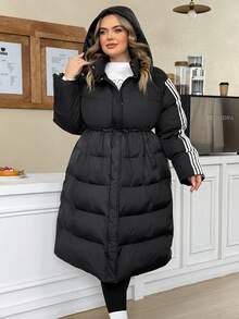 SHEIN CURVE+ معطف طويل مبطن بالريش أسود بقلنسوة وحبل شد، مقاس كبير، مناسب للخريف/الشتاء، بأسلوب العودة إلى المدرسة والكلية، مناسب للاستخدام اليومي والكاجوال متعدد الاستخدامات - الأسود - مشاهدة 6