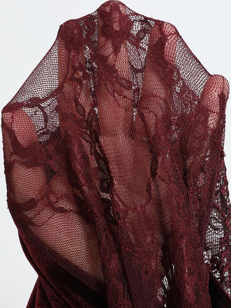 Balvessa Gaun Pendek Seksi Wanita Berbahan Beludru Warna Burgundy dengan Renda - Burgundy - View 8