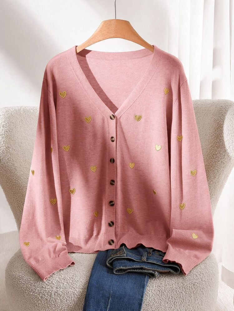 CosyJoli Women's Plus Size Heart Embroidery Basic Cardigan Winter Fall - Dusty Pink - View 3