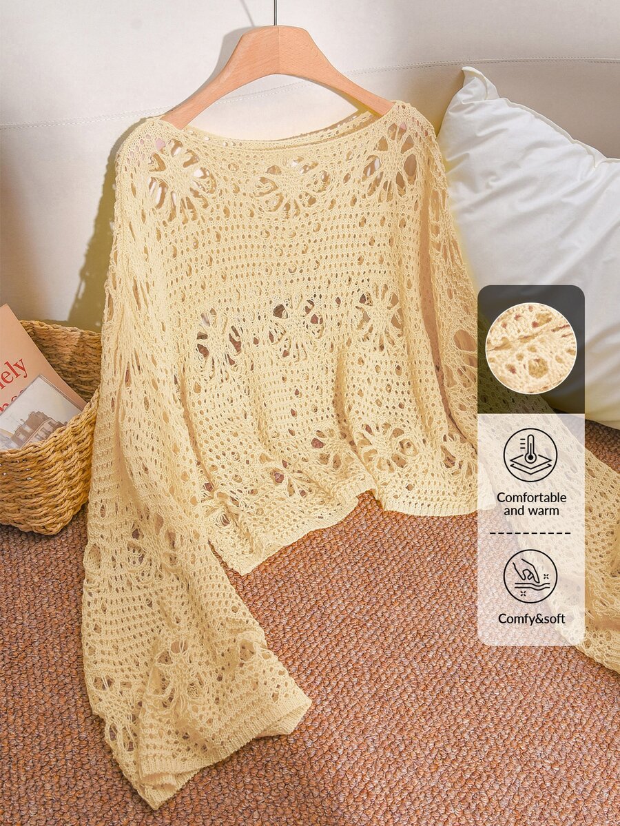 CosyJoli Plus Size Solid Color Hollow Knit Sweater Fall - Light Yellow - View 1