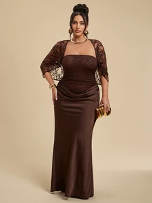 SHEIN BAE CURVE Plus Size Women Brown Lace Dress - Brown - View 3