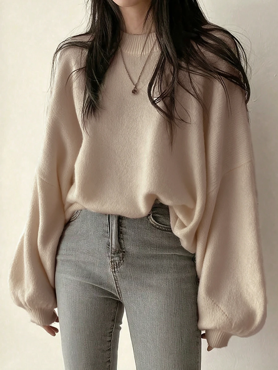 SHEIN 秋冬法式慵懶圓領寬鬆休閒百搭長袖針織毛衣 - 米色 - 查看 1