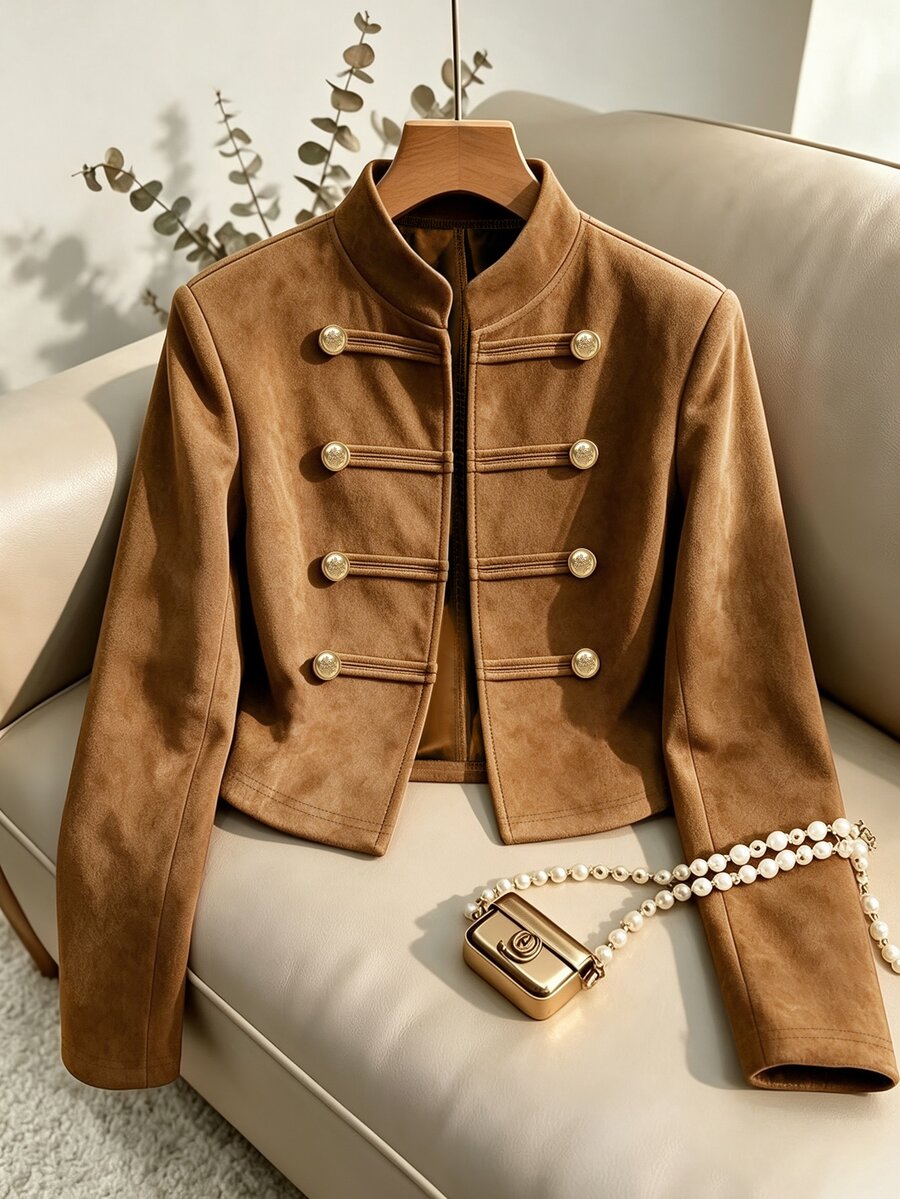 SHEIN Franclia Women's Autumn/Winter Commuter Stand Collar Decorative Button Cardigan Fashion Business Casual Outerwear - Khaki - View 1