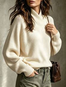 Penseblé Women's Solid Color Raglan Long Sleeve Casual Loose Sweater - Apricot - View 5