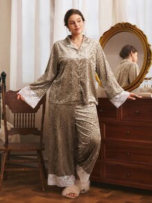Côtesoire South France Elegant Romantic Leopard Print Open Front Long Sleeve Pants Plus Size Pajama Set - Apricot - View 3