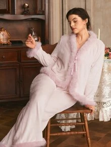Côtesoire Plus Size Women's Shiny Velvet Striped Long Sleeve Pants Pajama Set - Dusty Pink - View 6