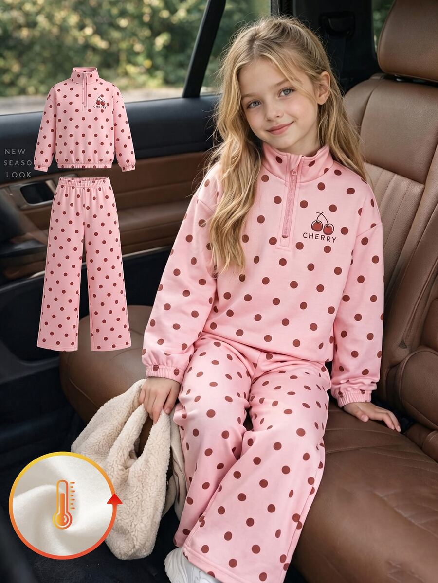 SHEIN 女童甜美粉色圓點半拉鍊運動衫與寬腿褲套裝，櫻桃厚抓絨內裡秋冬長袖上衣套裝