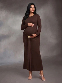 SHEIN Brown Slim Fit Flattering Ruched Twist Metal Buckle Long Sleeve Maternity Plus Size Dress For Party And Gathering - Brown - View 1