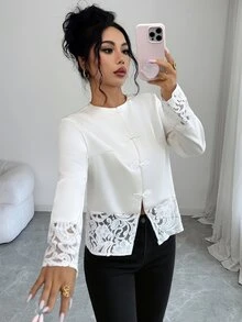 Elenzga Women New Chinese Style Frog Button Satin Jacket, Lace Patchwork Long Sleeve Elegant Party Outerwear, Autumn Winter - Beige - View 6