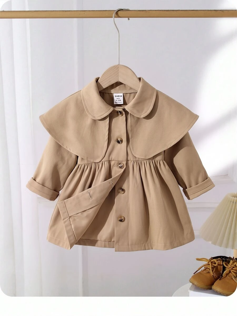 SHEIN جاكيت بيبي بناتي كلاسيكي لطيف بأزرار وكسرات بلون كاكي - لون مشمشي - مشاهدة 1