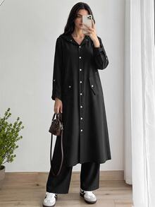 Solavon Women's Solid Color Front Button Hooded Jacket And Pants Arabic Outfit Set - Black - View 7