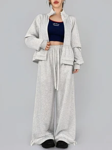 DAZY Women's Solid Color Zip-Up Long Sleeve Sweatshirt And Wide Leg Pants Sports Set - Light Grey - View 4
