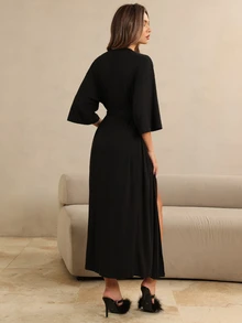 HautHeat Women's Solid Color Minimalist Loungewear Robe For Daily Wear - Black - View 2