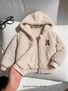 Cozy Pixies 男嬰兒童針織純色人造毛卡通刺繡圖案連帽長袖冬季外套 - 杏色 - 查看 1