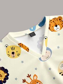 PopScrub Fun Animal Meeting Lion Tiger Elephant Cow Deer Star Pattern Women's Scrub Uniform Top - Multicolor - View 3