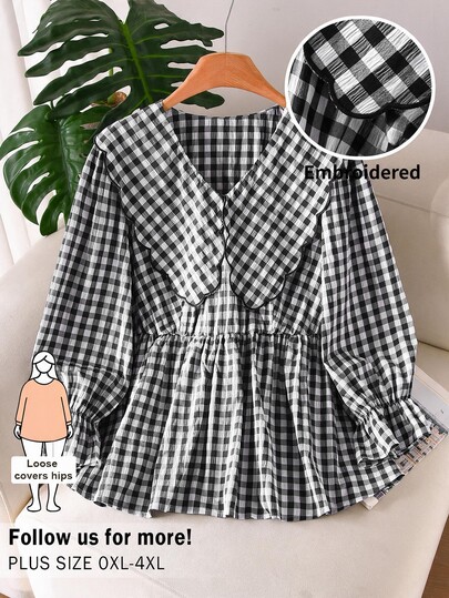 CosyJoli Áo blouse nữ size lớn màu nâu chocolate họa tiết kẻ caro, cổ Peter Pan, dáng rộng thoải mái, gấu peplum, tay lỡ 3/4, phong cách vintage thập niên 1950 dễ thương cho mùa thu