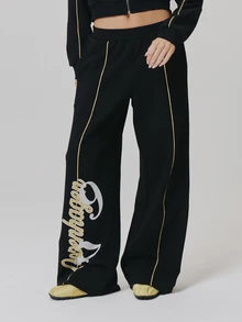 MUSERA Quần jogger dáng rộng co giãn in họa tiết màu tương phản phong cách vintage Y2K dễ thương cho ngày thường và đi học tiểu học - màu đen - Xem 1