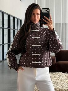 Aloruh Women's French Stripe & Polka Dot High Neck Zip-Up Jacket,Autumn,Winter - Brown - View 6