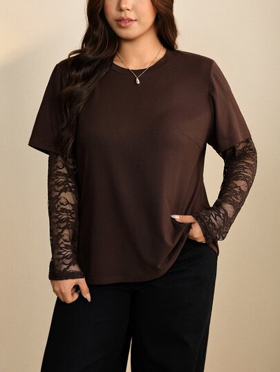 Edennvi Plus Size Dark Brown Lace Patchwork Long Sleeve T-Shirt Women, Floral Lace Sleeve Slim Fit Cropped Base Layer Top, Vintage Vibe Tight-Fitting Shirt