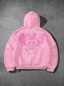PAVTROS 粉色短版連帽衛衣，前後對比毛巾刺繡，胸前小 Logo，背後哥德式荊棘刺繡圖案，雙層帽身無抽繩，經典袋鼠口袋，對比羅紋下擺與袖口，寬鬆方正版型，Y2K 高街風格，中性款，適合日常街頭穿搭 - 粉色 - 查看 5