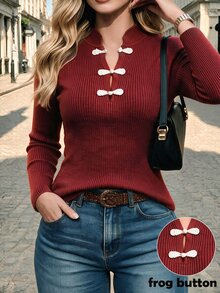 SHEIN New Chinese Style Stand Collar Ribbed Knit Top With Traditional Frog Buttons - Burgundy - View 7