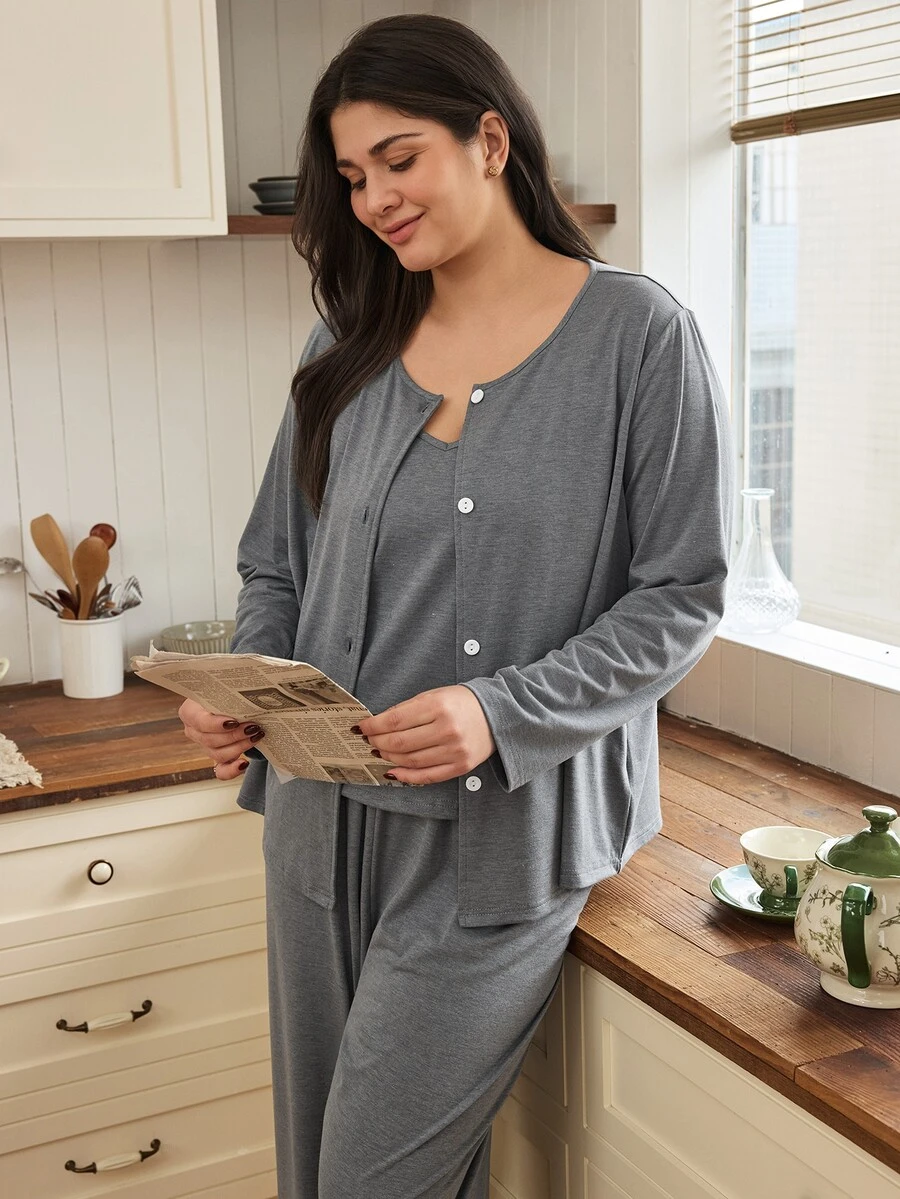 Doze Lane Women's Casual Plus Size 3 Pieces Pajama Set - Grey - View 1