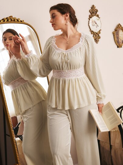 Côtesoire Plus Size Women's French Romantic Glossy Velvet Long Sleeve Pants Lace Pajama Set