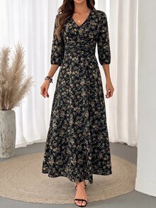 SHEIN LUNE 女款長洋裝，抽褶泡泡燈籠袖、抽褶腰線、荷葉邊下擺 A 字傘裙，休閒度假優雅街頭風 - 彩色 - 查看 9