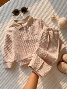 SHEIN 男女嬰兒/幼兒 2件組秋冬加厚紋理布料 POLO 套裝，衛衣套裝，嬰兒冬季服飾，聖誕 - 杏色 - 查看 1