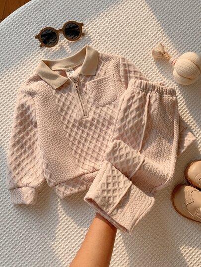 SHEIN Setelan Polo Unisex Bayi Laki-laki/Perempuan, Balita 2 Potong Musim Gugur/Dingin dengan Kain Tebal dan Tekstur, Setelan Sweatshirt, Pakaian Musim Dingin Bayi, Natal