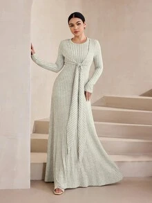 Graceveil French Style Cinched Waist Ribbon Knit Dress, Slimming Round Neck Vertical Striped Draped Floor-Length Dress - Grey - View 3