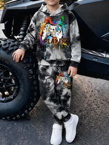 青少年男孩休閒極簡長袖連帽舒適衛衣2件套，適合秋冬，經典酷炫潑墨紮染印花，時尚彩色塗鴉遊戲手把印花 - 彩色 - 查看 2