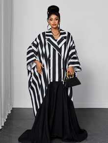 Maweii Plus Size Casual Loose Striped Patchwork Versatile Women's Dress Fall - Black and White - View 3