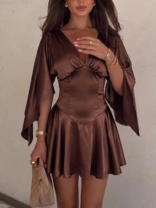 Siren Gaze 女款純色V領百褶休閒性感優雅派對夜生活晚餐約會迷你洋裝 咖啡棕 秋季聖誕 - 巧克力棕 - 查看 5