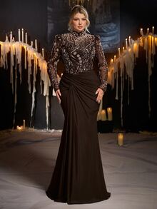 Glamrae Plus Size Women's Patchwork Sequin Mesh Ruffle Mermaid Hem Elegant Formal Evening Gown (Heavy Embellished) - Coffee Brown - View 1