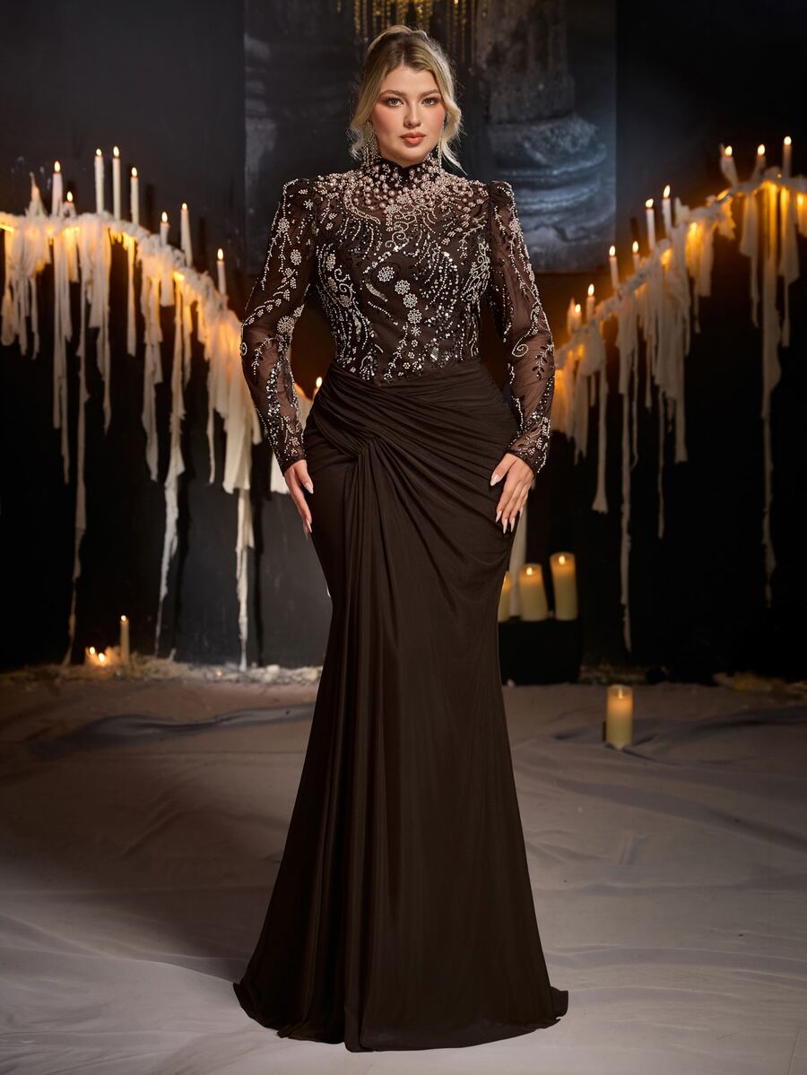 Glamrae Gaun Malam Formal Elegan Wanita Ukuran Plus dengan Hiasan Mewah dan Model Duyung Berenda dan Payet Jala (Berhias Tebal) - Coffee Brown - View 1