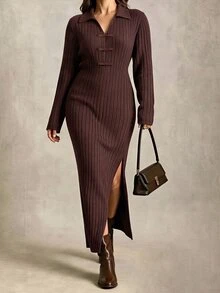Linhara CURVE Autumn/Winter Plus Size Ribbed Knit Long Dress, Turn-Down Collar, Side Slits, Slimming Long Sleeve Polo Dress - Brown - View 4