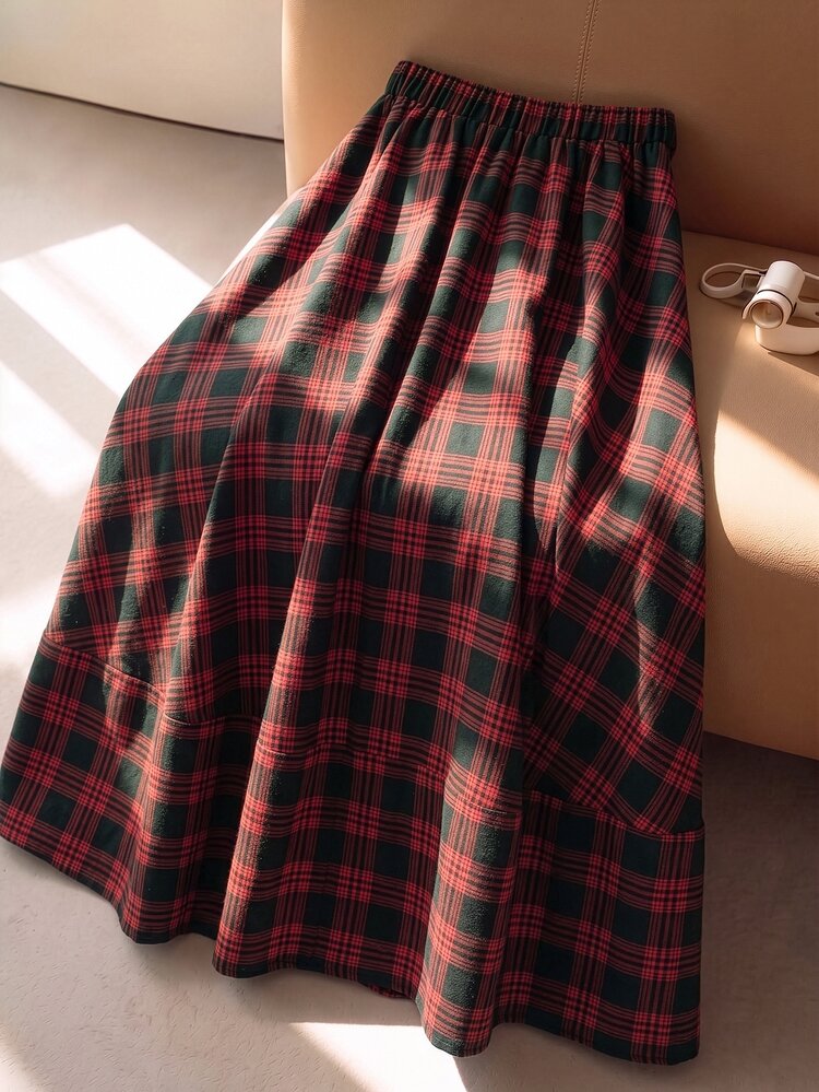 GlowEve CURVE Women's Plus Size Red & Black Plaid Skirt, Suitable For City Commute Wear, Waist Tie Women's Plus Size Skirt - Red - View 2