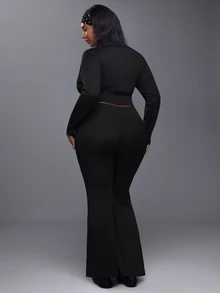 Voyena Women's Plus Size Solid Color Long Sleeve Top And Flare Leg Pants Casual Daily Sports Set - Black - View 2