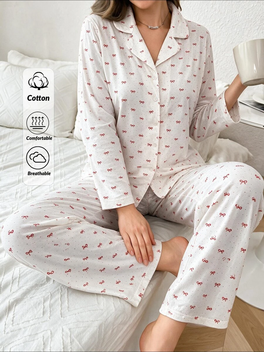 SHEIN Classic Button Front Bow Printed Pajama Set – Soft Long Sleeve Top & Comfy Straight Leg Pants - Pink - View 1