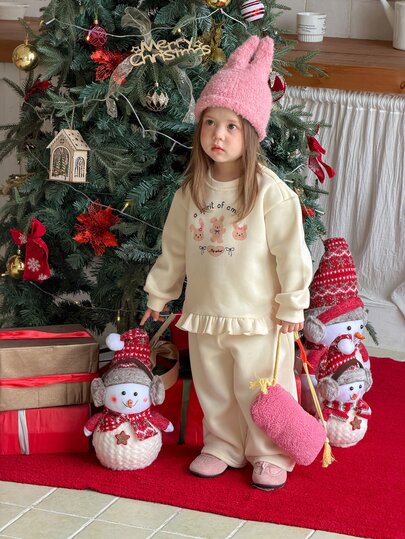 DAZY Set Sweatshirt Bayi Perempuan (Kerah Bulat Lengan Panjang Motif Kartun dengan Hiasan Ruffle untuk Musim Semi/Musim Gugur)