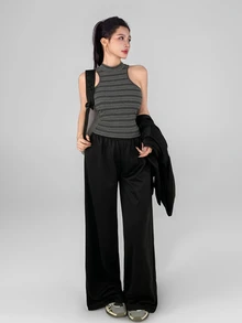 DAZY Women's Striped Halter Tank Top And Long Sleeve Hooded Sweatshirt With Loose Pants Sports Set - Black - View 8
