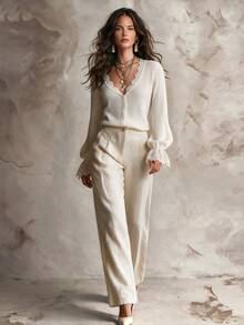 Solivie Women's Lace Patchwork Casual Versatile Long Sleeve Sweater - White - View 6