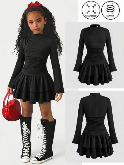 Girlism Tween Girls Dresses Autumn/Winter Black Long Sleeve High Neck Pleated Waist Vintage Dress, Suitable For Autumn/Winter Outfits